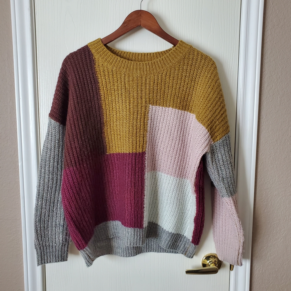 Colorblock Knit Sweater - Mustard, Pink, Burgundy, Gray
